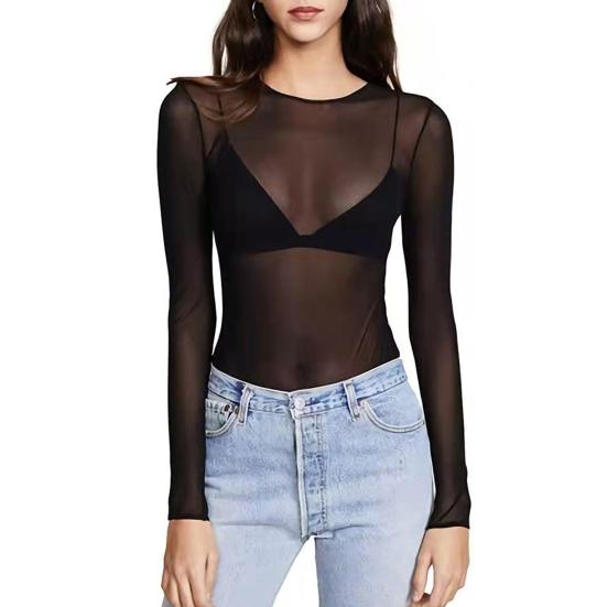 Sexy Oberteile Rundhalsausschnitt Langarm Durchsichtig Stickerei Spitze Blumenmuster Pullover Oberteile Vielseitiges Spitzen-Mesh-Layering-Shirt