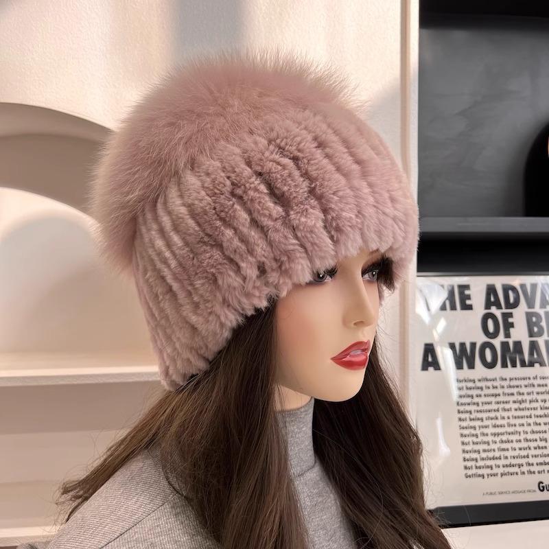 

Зимняя уличная женская шапка из натурального меха кролика рекс, натуральная вязаная шапка из меха лисы, пушистая, теплая, 100% подлинная шапка из меха кролика рекс 55cm to 60cm бежевый/розовый