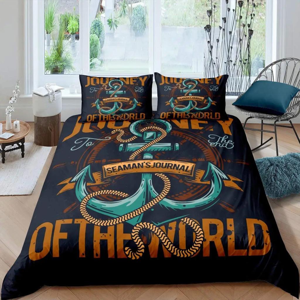 Anchor Nautical King Queen Duvet Cover Vintage Plank Blue Bedding Set Camping Adventure Quilt Cover Polyester Comforter Cover