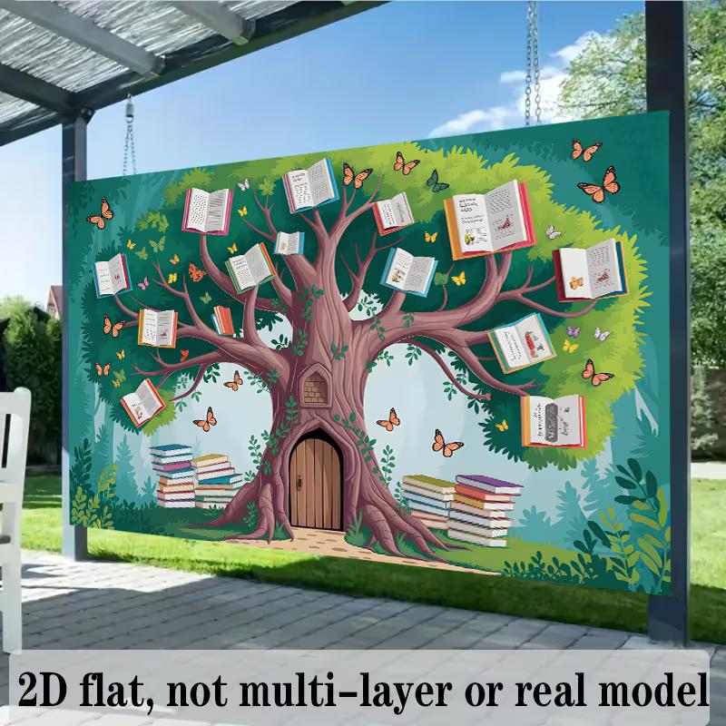 2D Bücherwurm Party Hintergrund, Verzauberter Baum und Waldtür für Kinder Fotoshooting