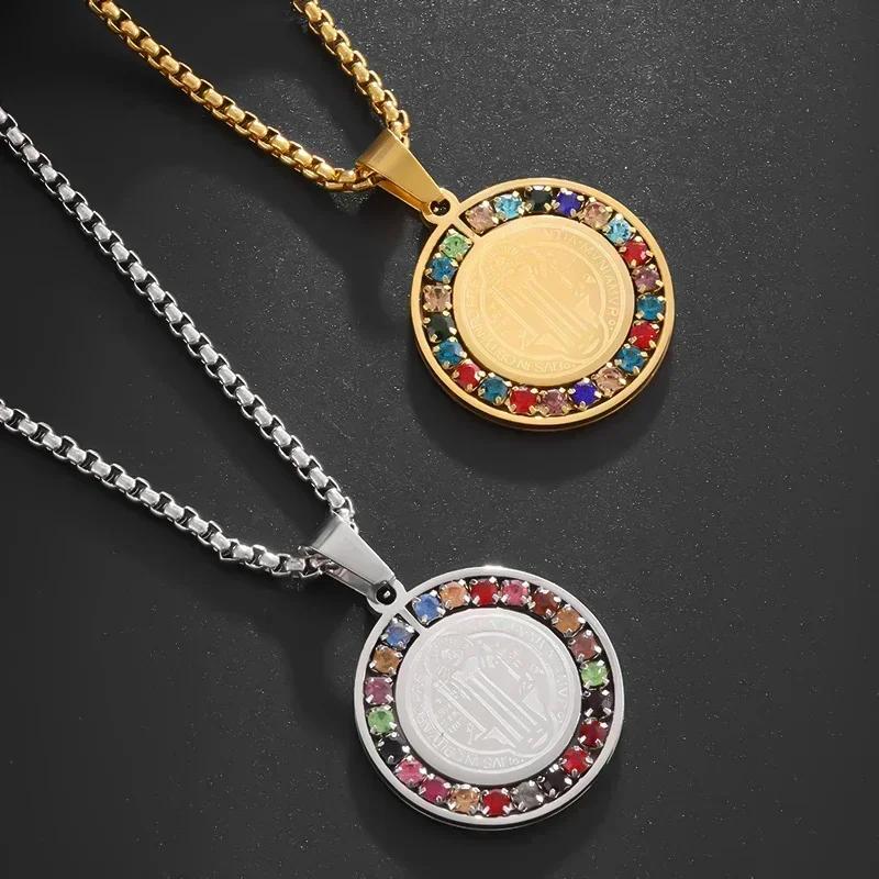 Stainless Steel Colored Zircon Saint Benedict Cross Medal Pendant Necklace Women's Fashion Lucky Amulet Jewelry