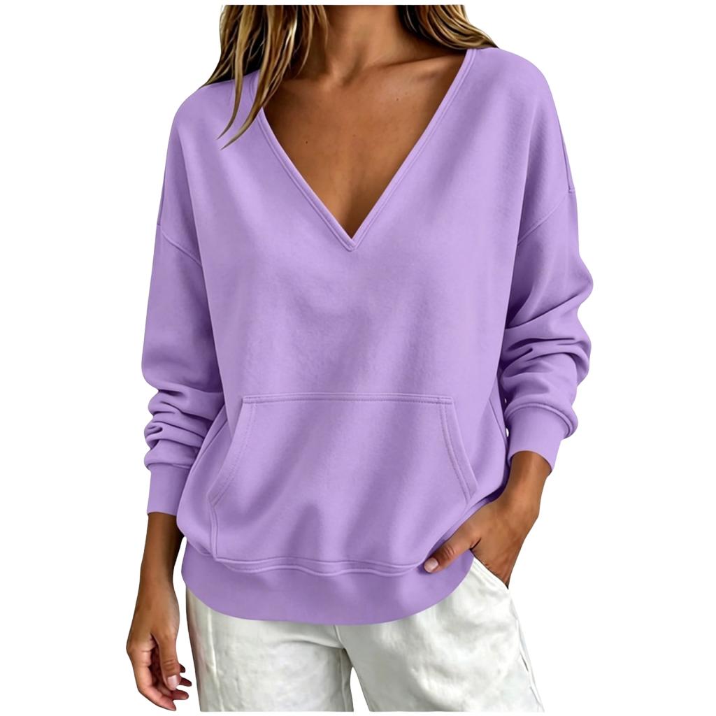 Damenmode V-Ausschnitt Langarm Pullover Sweatshirt Farbe für Lässige Alltagsmode