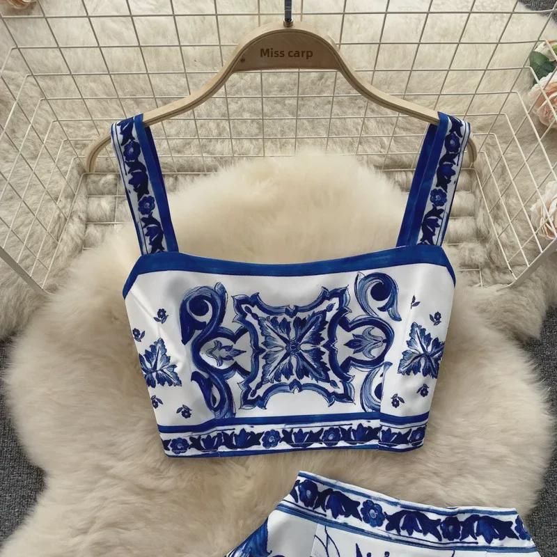 Blue & White Porcelain Print Camisole and High-Waist Midi Skirt Set for Women