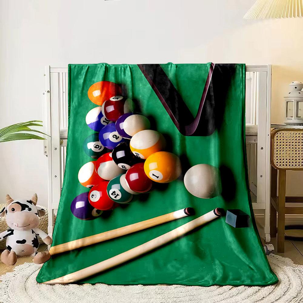 Billiard balls arranged on a green table with cue sticks and chalk. for all seasons blanket lunch break throw gift 80cm x 120cm