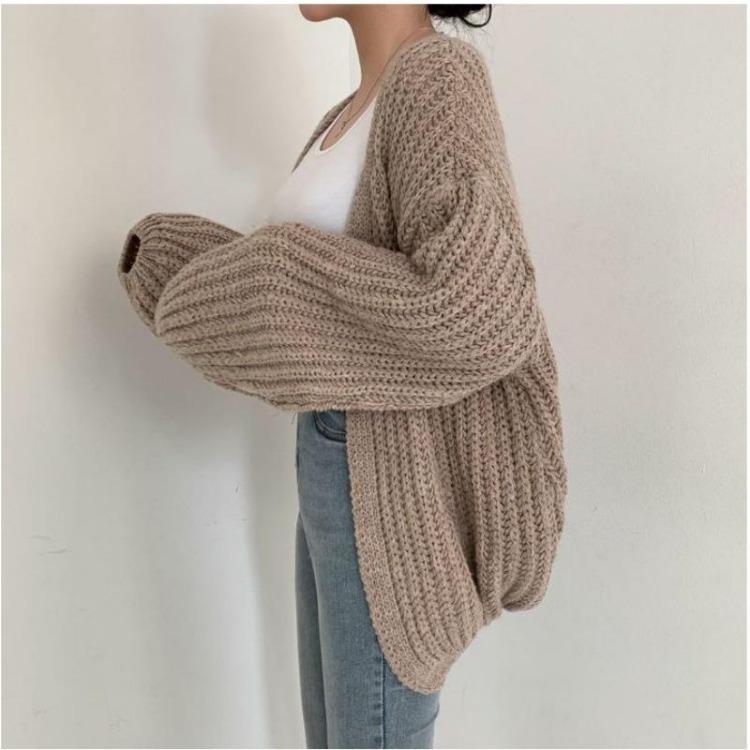 Versatile Casual Solid Color Loose Knitted V Neck Lantern Sleeve Autumn Cardigan Sweater Jacket