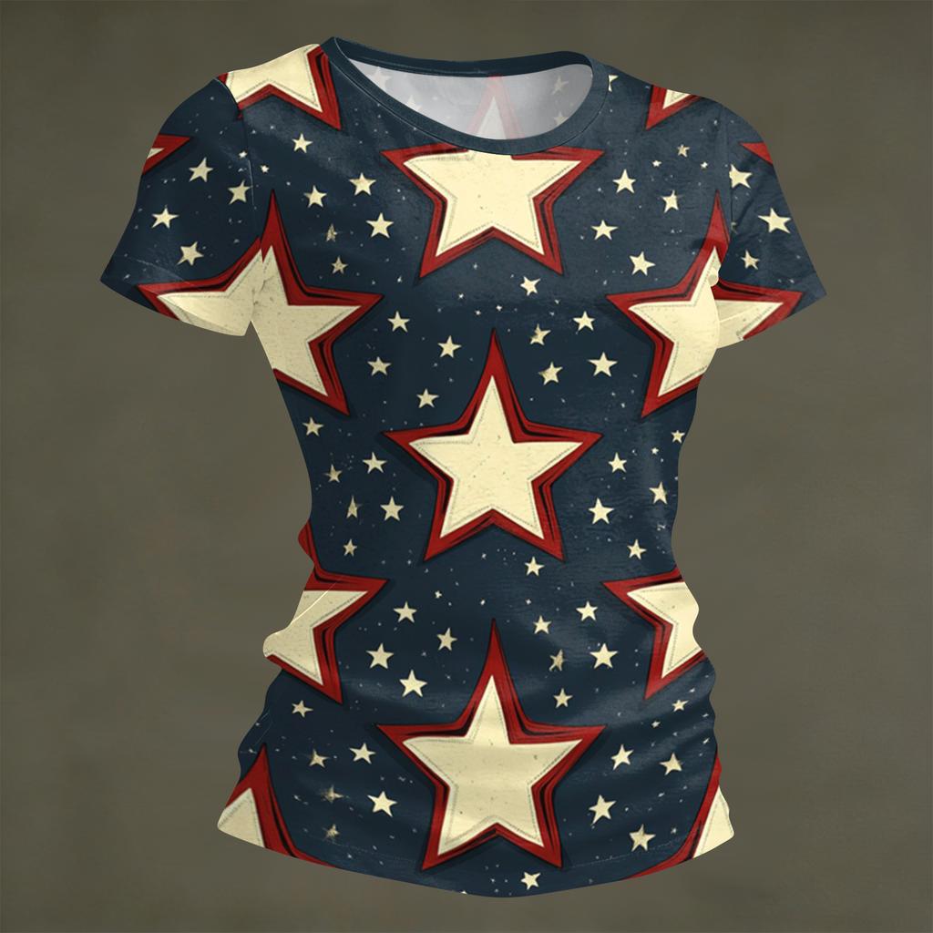 Women's Fashion Round Neck Independence Day Print Short Sleeve Loose Crewneck T-Shirt Top