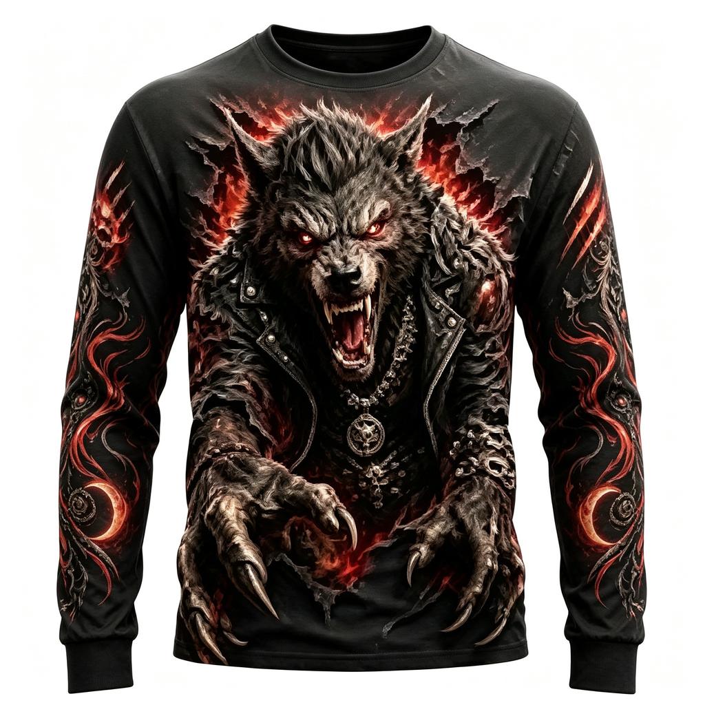Men's Long Sleeve T-Shirt Werewolf Full Moon 3D Print Gothic Horror Crew Neck Casual Top