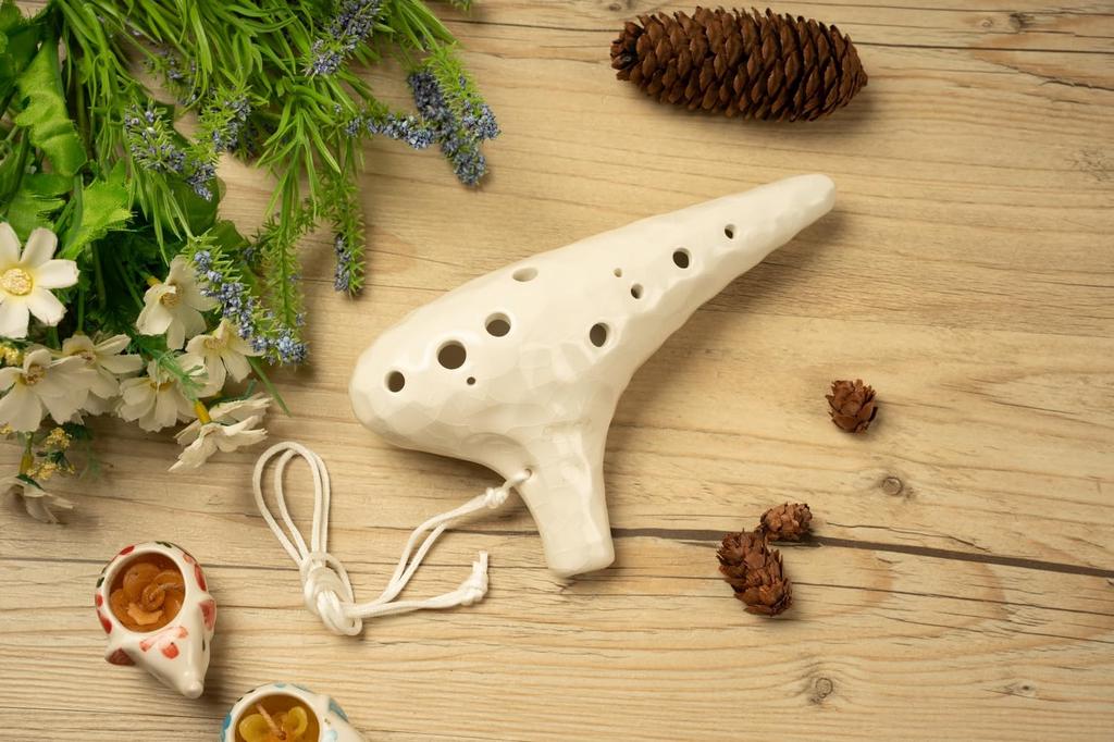 TNG Ocarina [AltoCAC  12-Hole  Emerald] High-Quality Ocarina for Tube Play (Includes Strap) Glazed Finish with Ocean Wave Pattern (White)