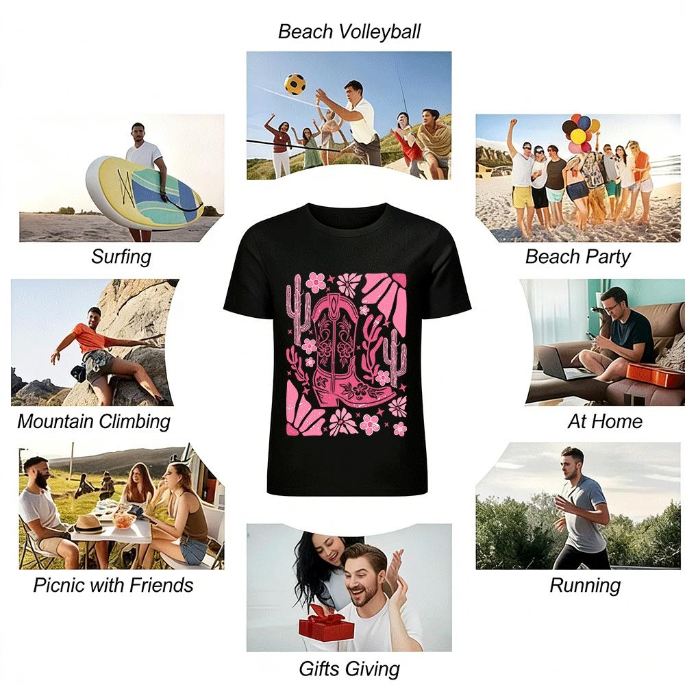 Western Style Pink Cowboy Boot Print Casual T-Shirt Pure cotton T-shirt