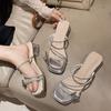 French thick-heeled slippers for women's summer wear 2025 new fairy style bow with diamond temperament high-heeled crystal sandals