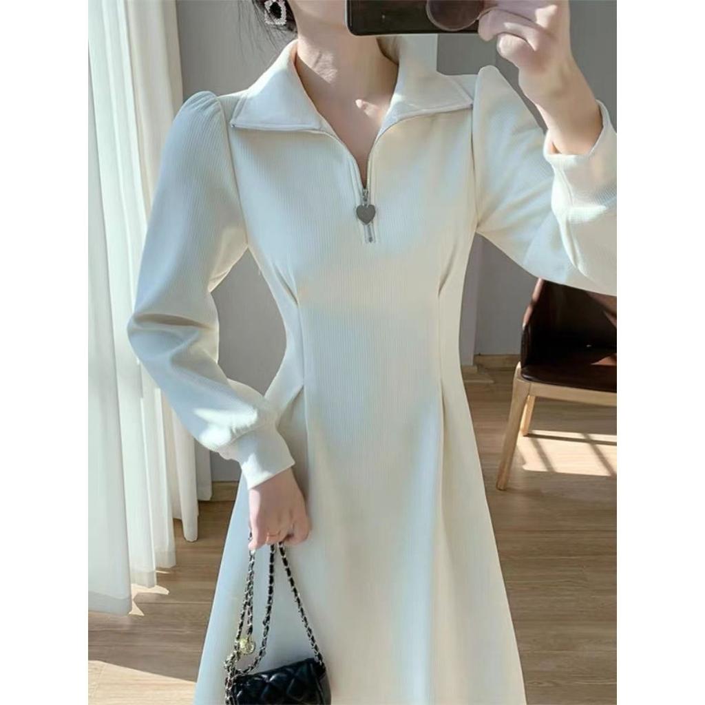 Dress fleece thickened autumn and winter French heart neckline zipper fashion high sense waist thin dress children