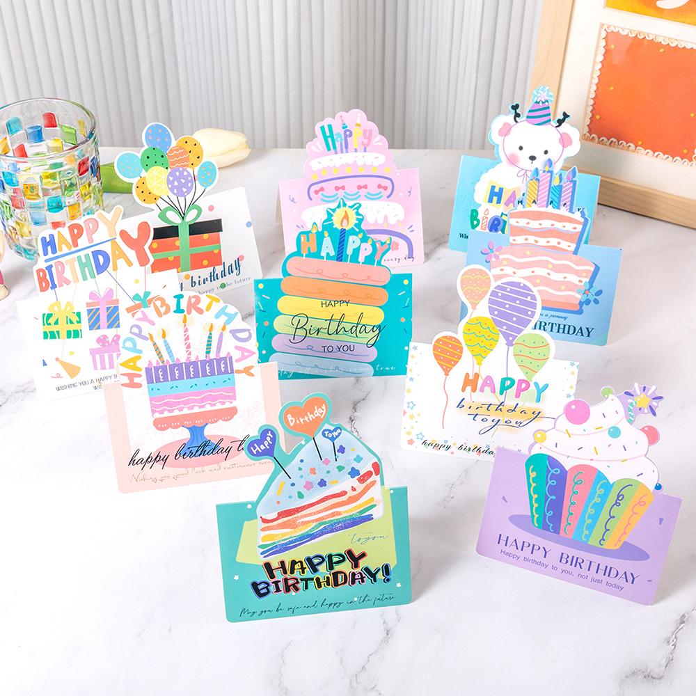 10 birthday cards, 3D small size cartoon, simple folding, handwritten blessing message, birthday card