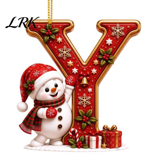 Decorative Gift Tags Cute Snowman Letter Christmas Ornament, 2D Flat Personalized A-Z Alphabet Tree Ornaments Acrylic Hanging Pendant for Xmas