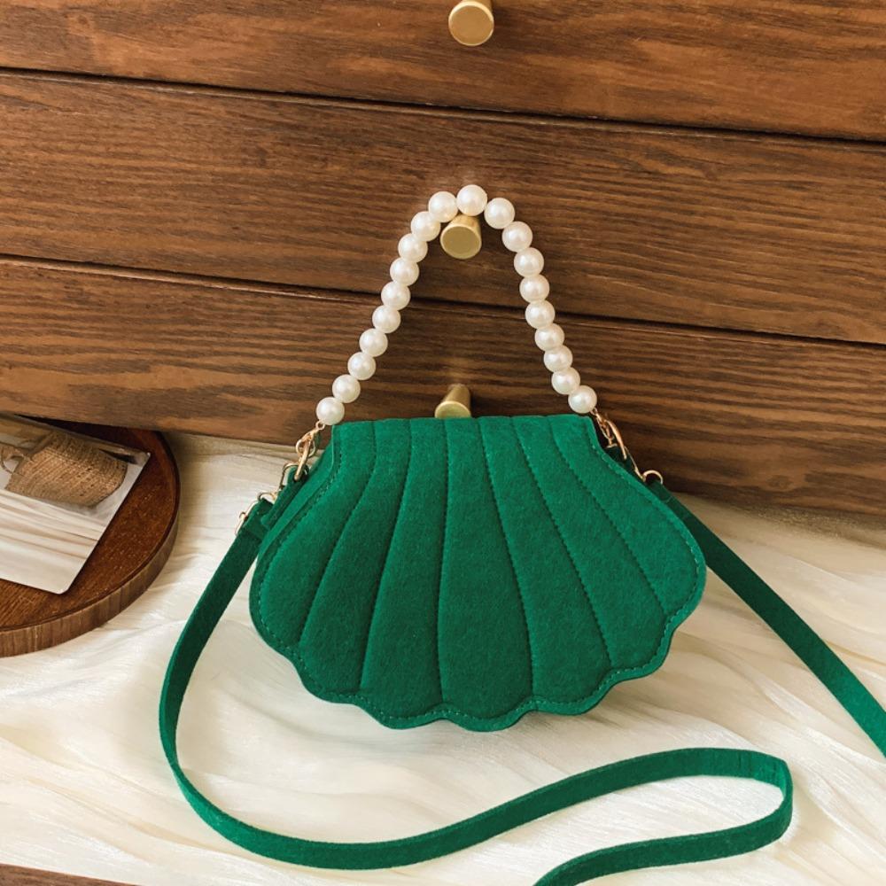 Chic Design Pearl Handheld Women's Bag Shell Shaped Solid Color Single-shoulder Bag Felt Shell Bag for Girls Students