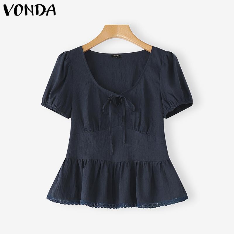 VONDA Summer Women Lace-up V Neck Puff Sleeve Ruffled Casual Blouse