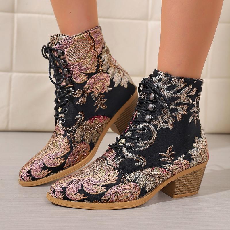 

Embroidered Block Heel Fashion Pointed Toe Lace-Up Cloth Soft Sole Anti-Slip Wear-Resistant Booties 36 чёрный