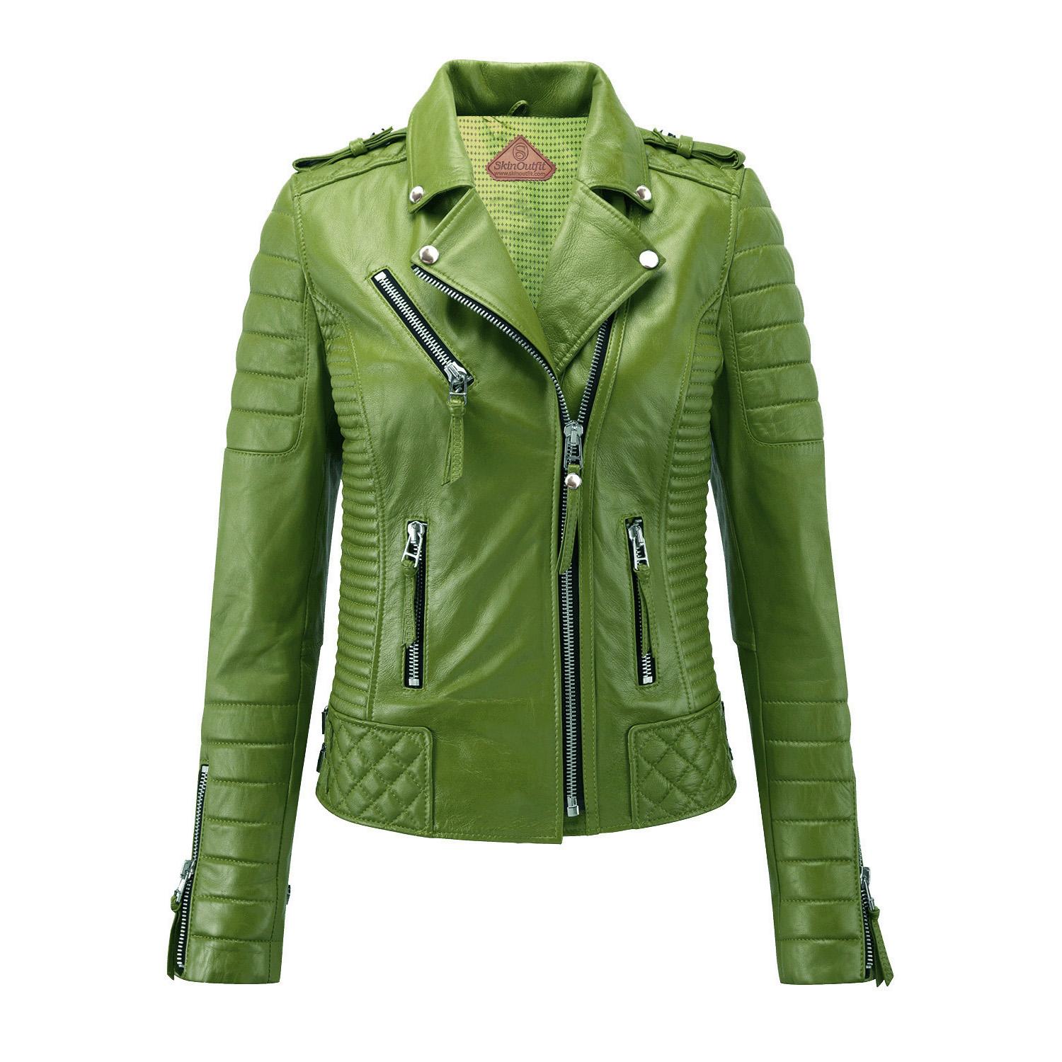 

SKINOUTFIT Women s Motorcycle Leather Jacket Genuine Light Green Lambskin Cafe Racer Biker Outerwear XXXL зелений