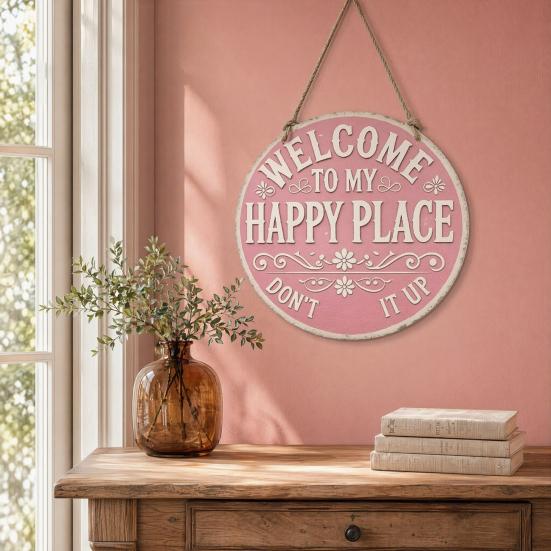 Funny Garden Wooden Sign Vintage This Is My Happy Place Welcome Round Sign Farmhouse Rustic Hanging Wall Decor for Home Bar Patio Man Cave
