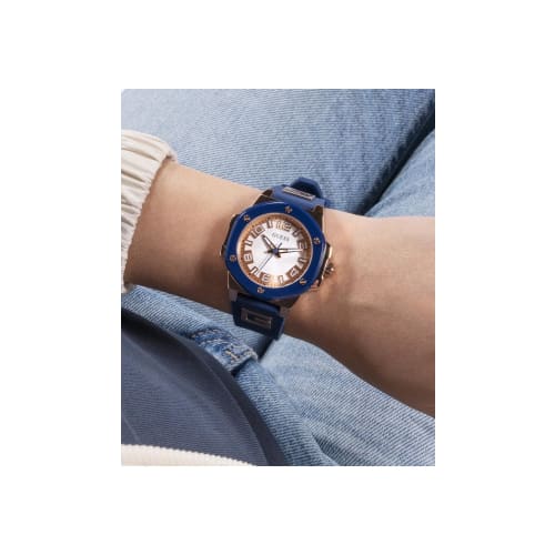Guess Watches Women's 38mm Analog Stainless Steel Watch with Blue Silicone Strap, Officially Imported