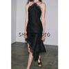 Summer New Product Women's Clothes Hanging Collar Asymmetric Hem Lace Silk Satin Texture Dress 5919201