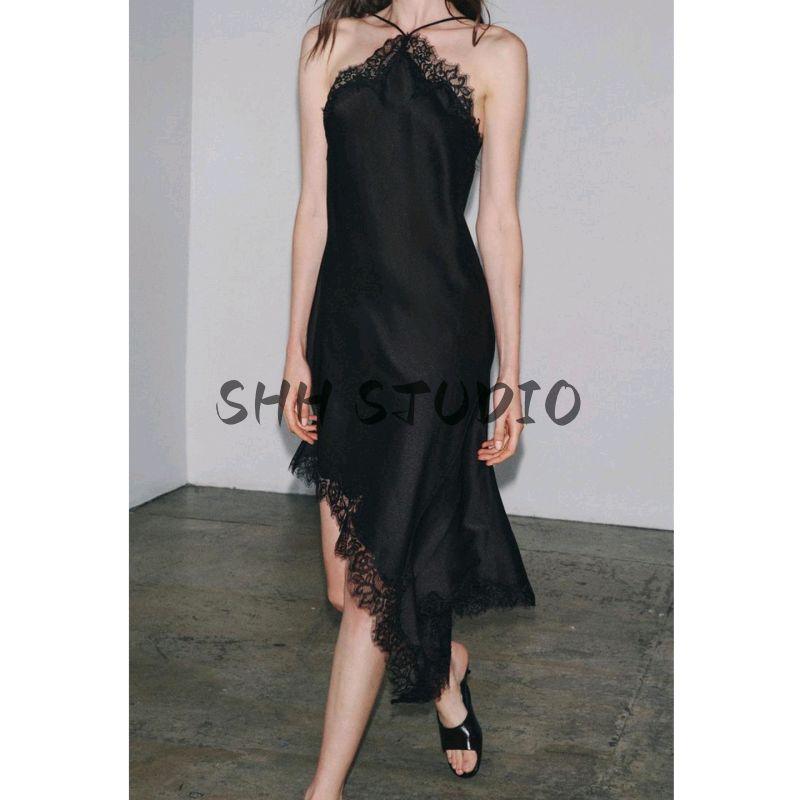 Summer New Product Women's Clothes Hanging Collar Asymmetric Hem Lace Silk Satin Texture Dress 5919201