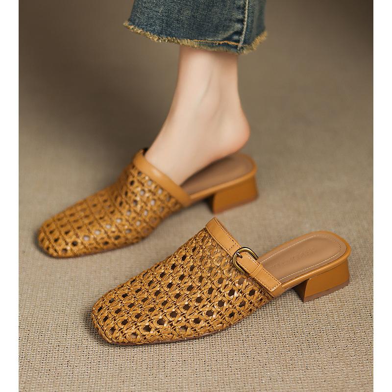 Sheepskin version~ 3cm thick heel slippers women's summer outer wear woven hollow breathable hole half drag fisherman sandals