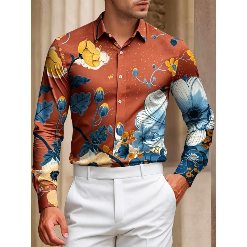 Men's Blue and Yellow Flower Printed Long Sleeve Shirt with Flip Collar Flower Shirt, Vacation Casual Trendy Men's Top