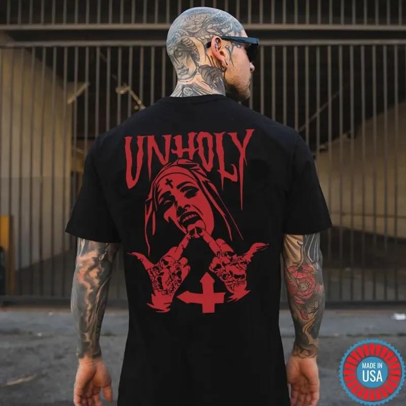 UNHOLY Nun with Crucifix on Forehead Graphic Casual Black Print Unisex T-Shirt XXXL