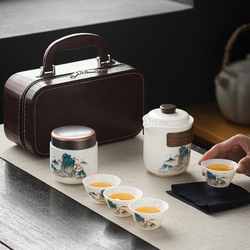 Travel white porcelain gifts Guochao Splendid Mountains and Rivers Outdoor Kung Fu Tea Set Small Set Portable Kuaike Cup