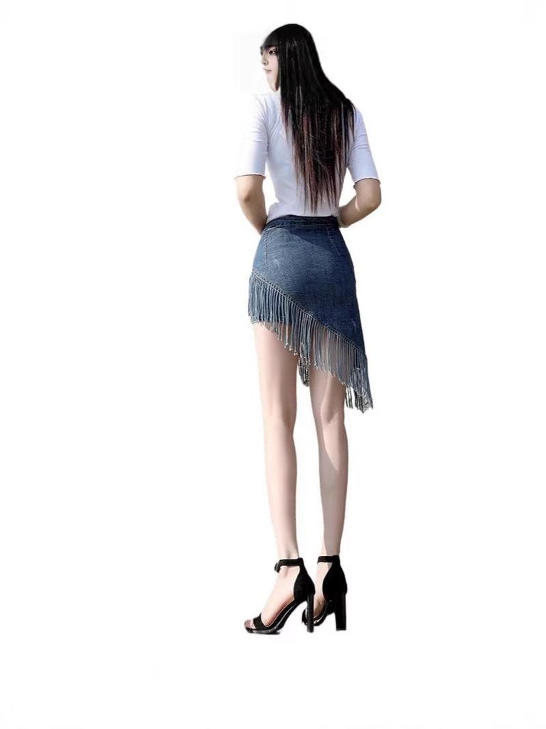 2026 High-Waisted Fringed Denim Midi Bodycon Skirt for Women - Spring/Summer Fake Two-Piece Design