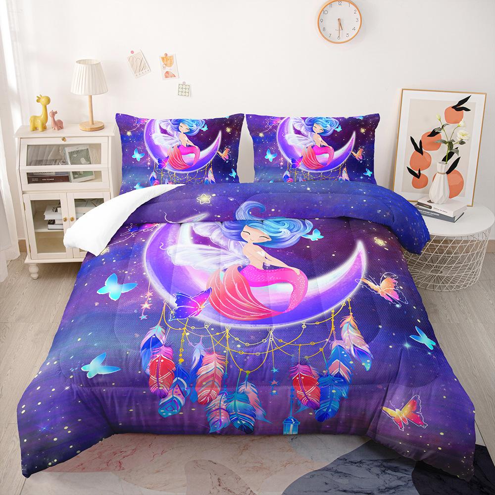 Colored Mermaid Girl Bedding Duvet Cover for Baby Kids Children,Pink Blue Cartoon Mermaid Girl Princess Polyester Quilt Coverset