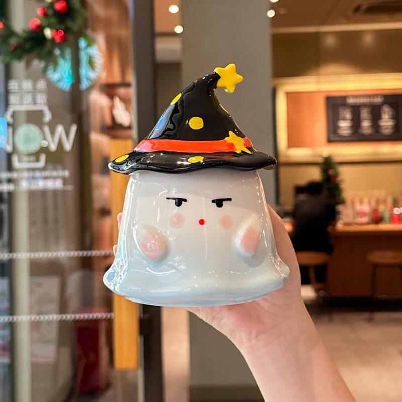 Søt og morsom spøkelseskopp, keramisk jentekopp med lokk, suvenir, praktisk gaveeske til gutter, bursdagsgave.