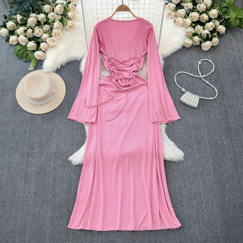 

Fashion round Neck Tied A- line Elegance Lady Dress Pink L