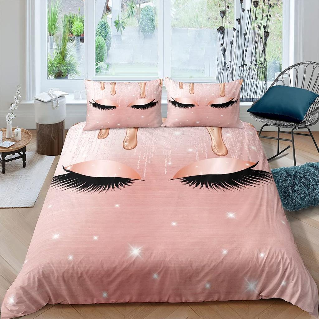 Eyelash King Queen Duvet Cover Cartoon Woman Eyes Bedding Set Watercolor Long Lashes Print Quilt Cover Polyester Comforter Cover