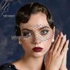 Retro British Black Rhinestone Eye Mask Veil - Handmade Mesh Hair Accessory