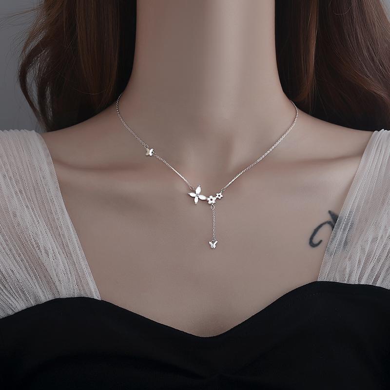 925 Silver Flower Necklace Women Simple Elegant Shiny Zircon Butterfly Tassel Clavicle Chain Wedding Jewelry Gift