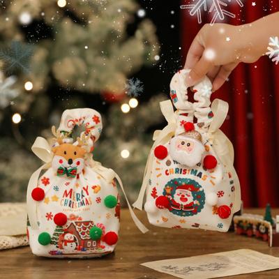 Christmas Gift Bag with Drawstring Reusable Candy Bag for Treats Cookie Goodies Xmas Eve Fruit Storage Bag with Santa Snowman Deer Doll