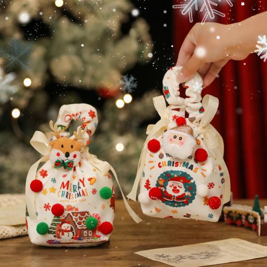 Christmas Gift Bag with Drawstring Reusable Candy Bag for Treats Cookie Goodies Xmas Eve Fruit Storage Bag with Santa Snowman Deer Doll