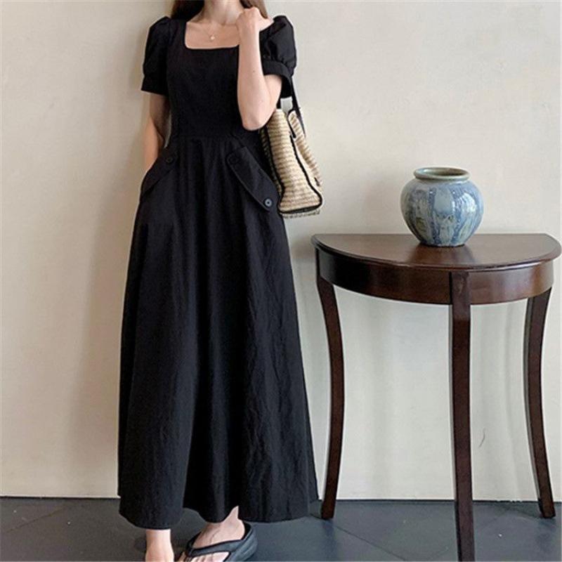 Skinny French small black skirt summer slightly fat women's clothing short-sleeved dress large size MM Tibetan meat temperament new