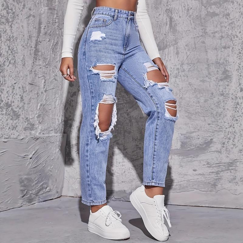 Summer Straight Women's Jeans High-waisted Skinny Ripped Jeans