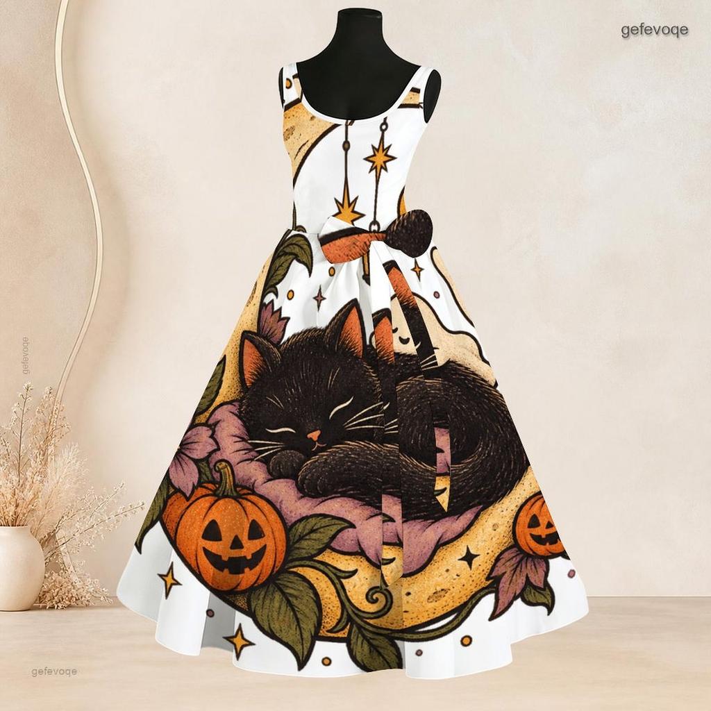 Women Plus Size White Round Neck Sleeveless Halloween Panda Ghost Printed Tie Waist A Line Dress