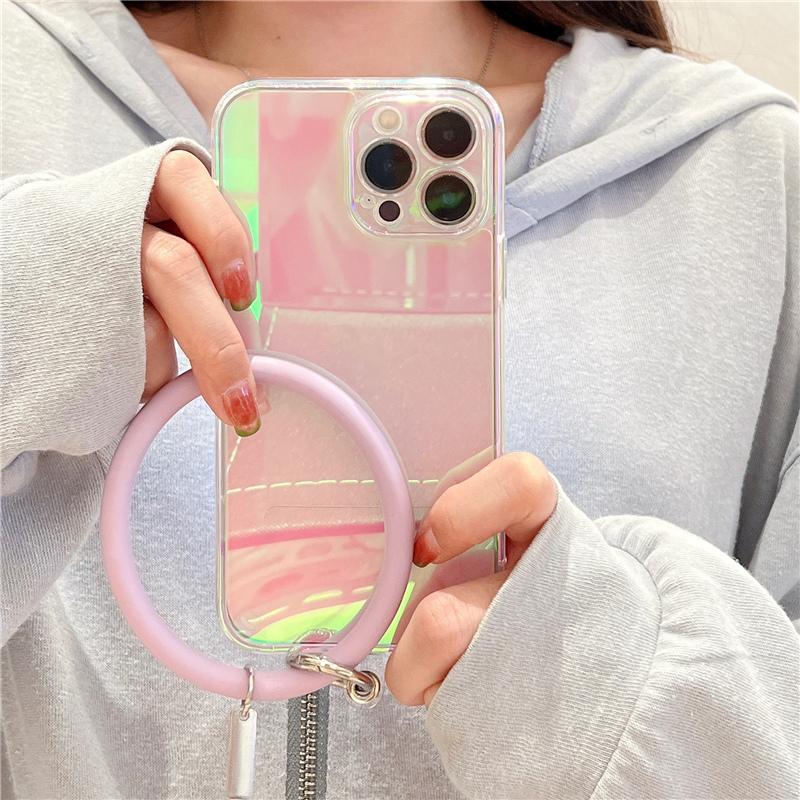 Ins Korea Laser Gradient Wrist Loop Strap Phone Case For Iphone 13 Pro Max 12 11 Pro X Xr Max Clear Lens Protection Laser Cover