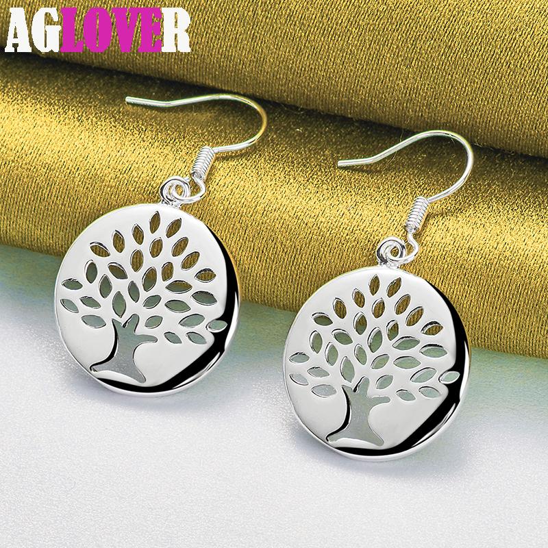 925 Sterling Silver Circle Tree Drop Earring Charm Jewelry