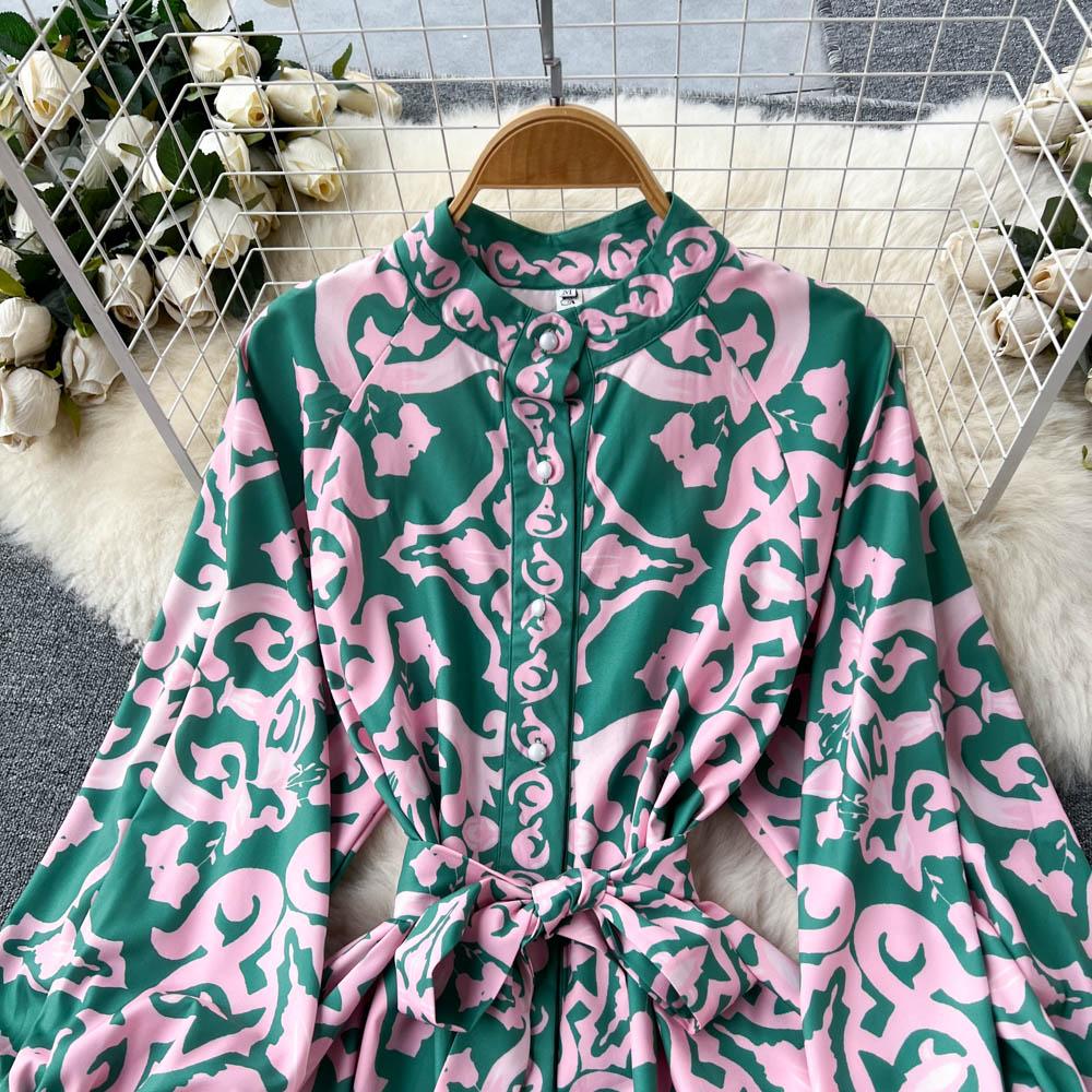 Vintage Summer Floral Print Ruffles Single Breasted Long Sleeve High Waist Vocation Beach Long Women Dress