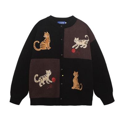 Cardigan oversize in maglia unisex con ricamo di gatto stile college vintage autunno inverno maglione casual