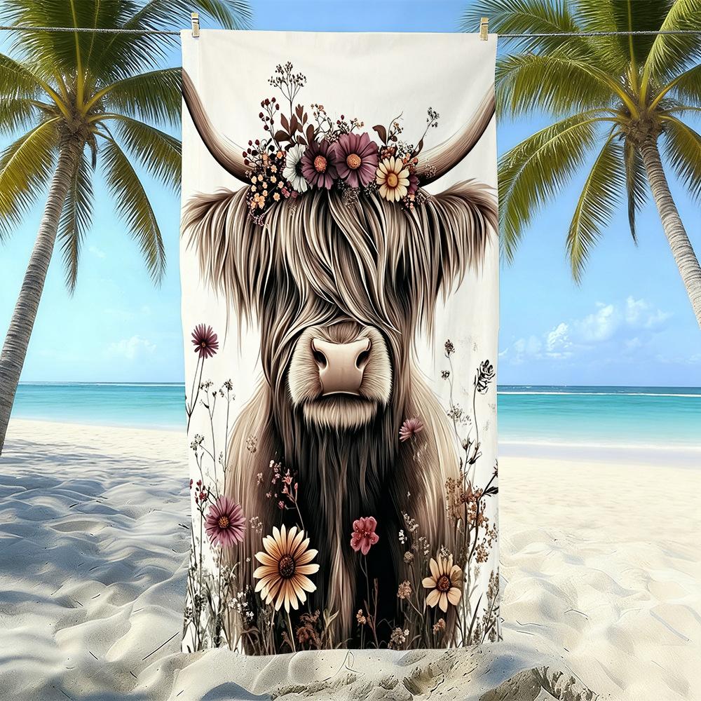 Europäisches und Amerikanisches Retro Hochlandrind Druck Strandtuch Mikrofaser Verdickt Wasseraufnahme Schnelltrocknend Outdoor Badetuch