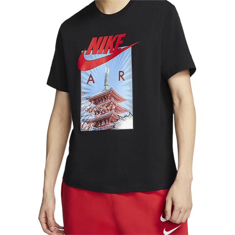 Nike Vzdušné tričko s potiskem pagody a třešňových květů Pánské topy Černé CT6531-010