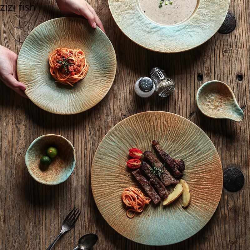 Vintage kreativní keramický talíř na večeři, dezertní talíř, svačinový talíř, sashimi, sushi talíře, steakové talíře, restaurační speciální nádobí