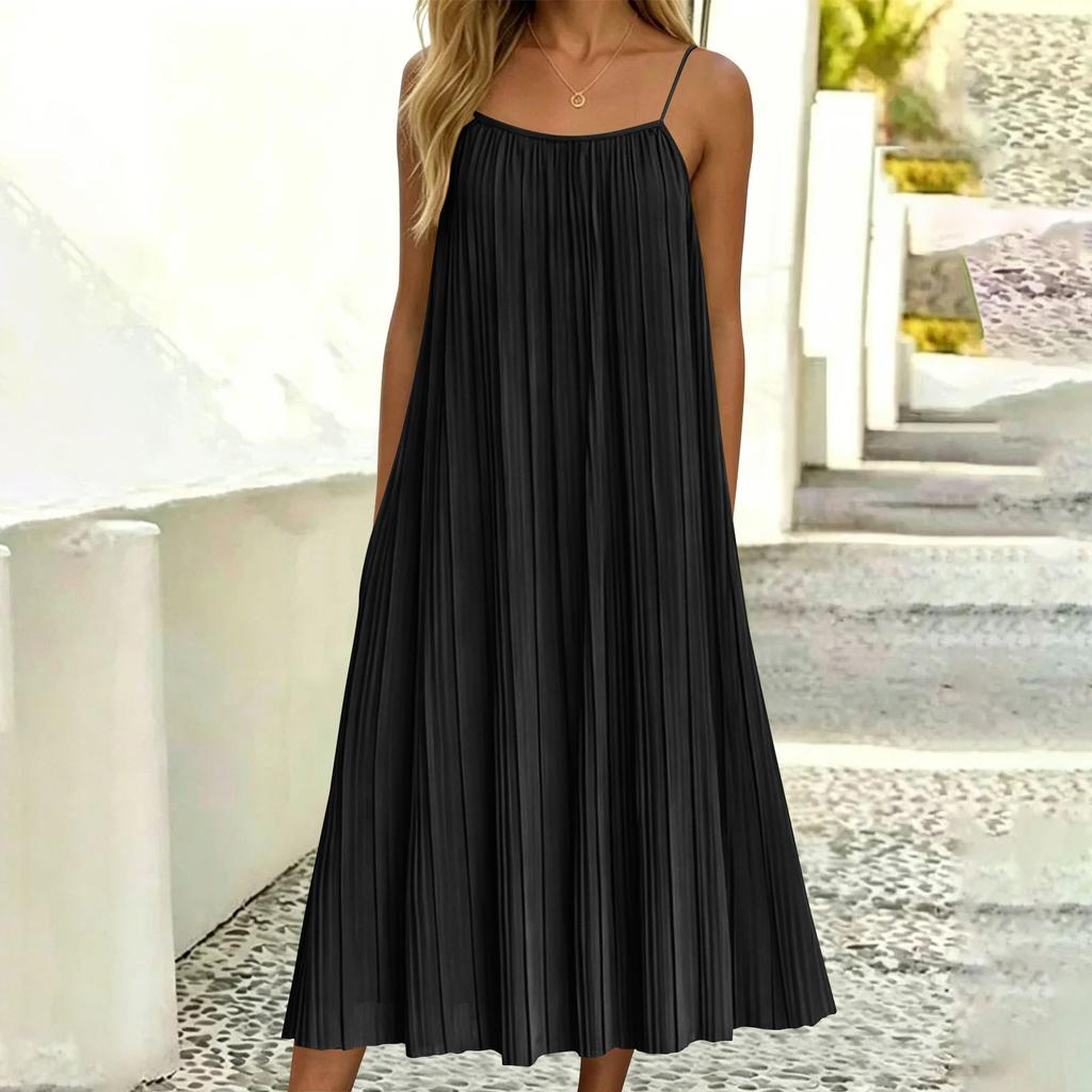 Damen Casual Ärmelloses Plissiertes Träger-Midikleid Lockere Passform