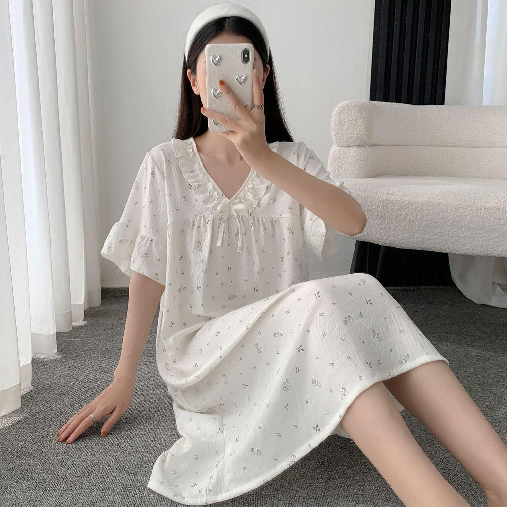 Cloud Cotton Summer Pajama Dress - Women's Short Sleeve Sweet Girl Print Homewear